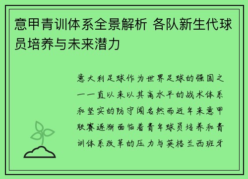 意甲青训体系全景解析 各队新生代球员培养与未来潜力